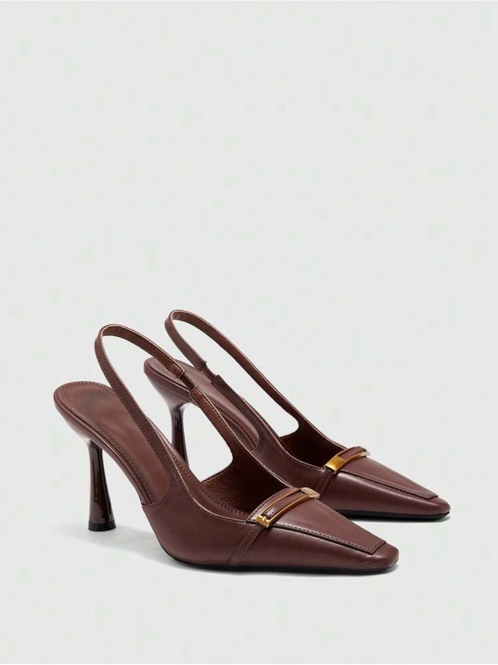 NWT Brown Leather Slingback Pointed-Toe Heels with Gold Accent, Size 8